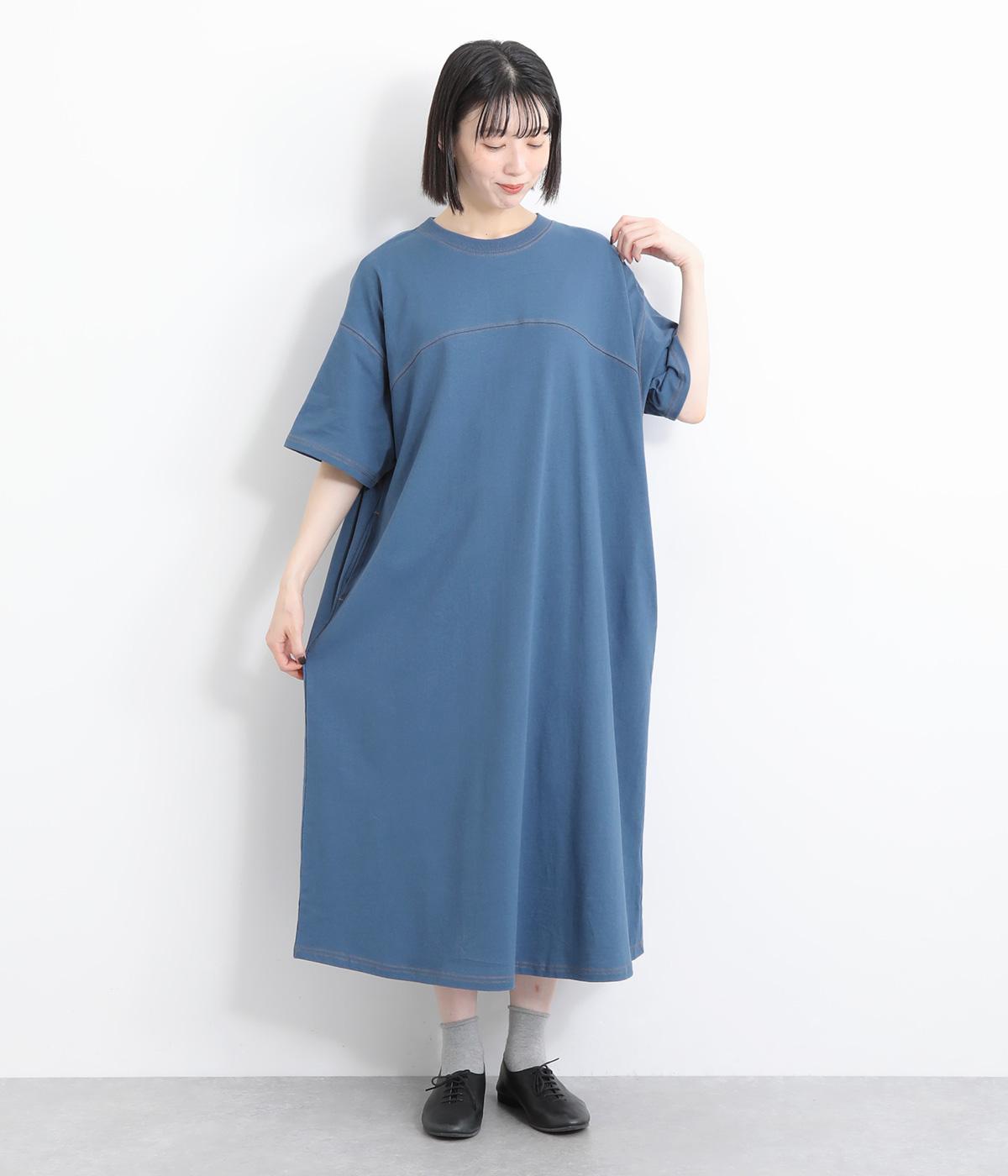 天竺×デニム後ろポケットワンピース(ブルー-ONESIZE)