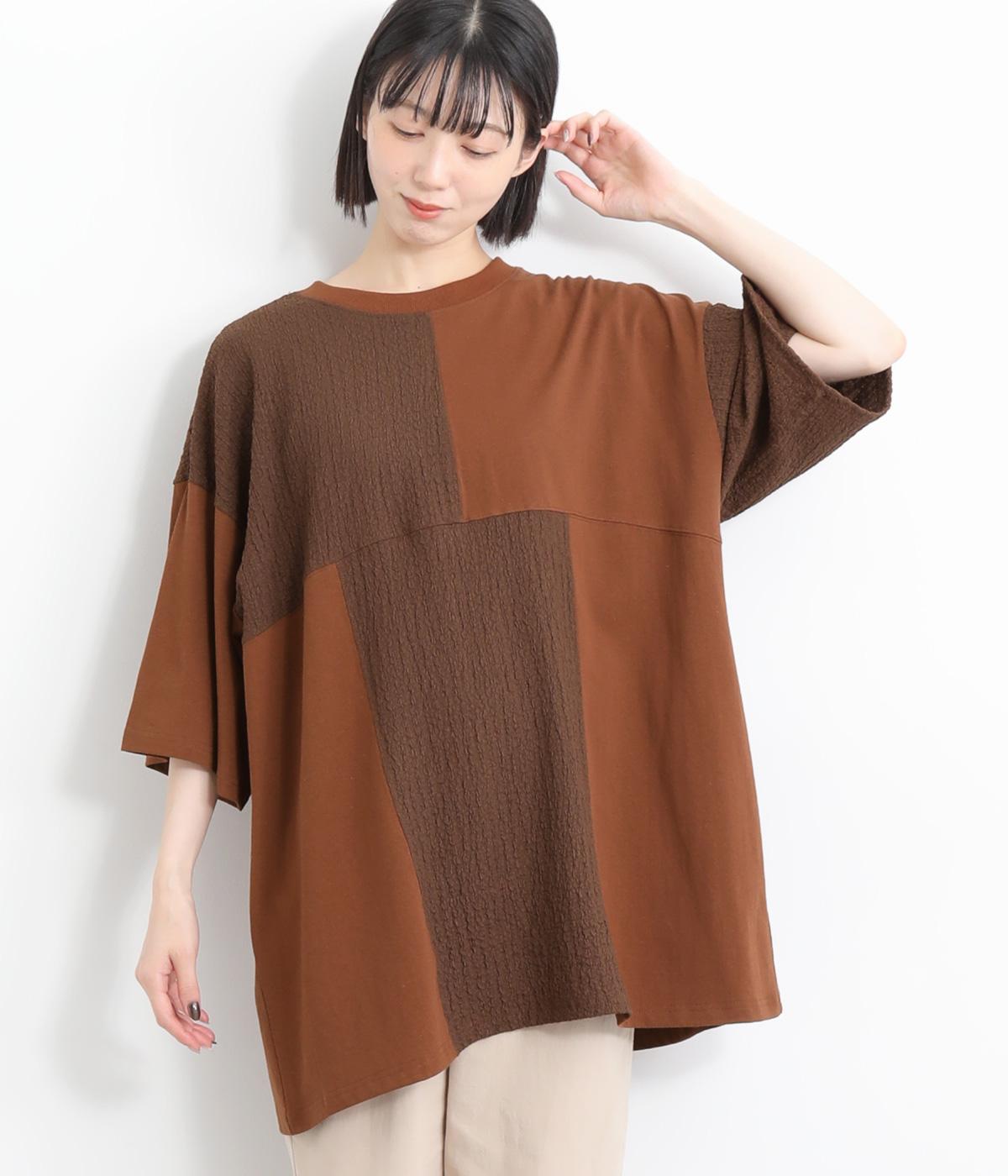 ふくれジャカードパッチワークチュニック(ブラウン-ONESIZE)