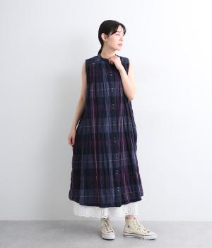 PUミックスチェックワンピース(ネイビー-ONESIZE)