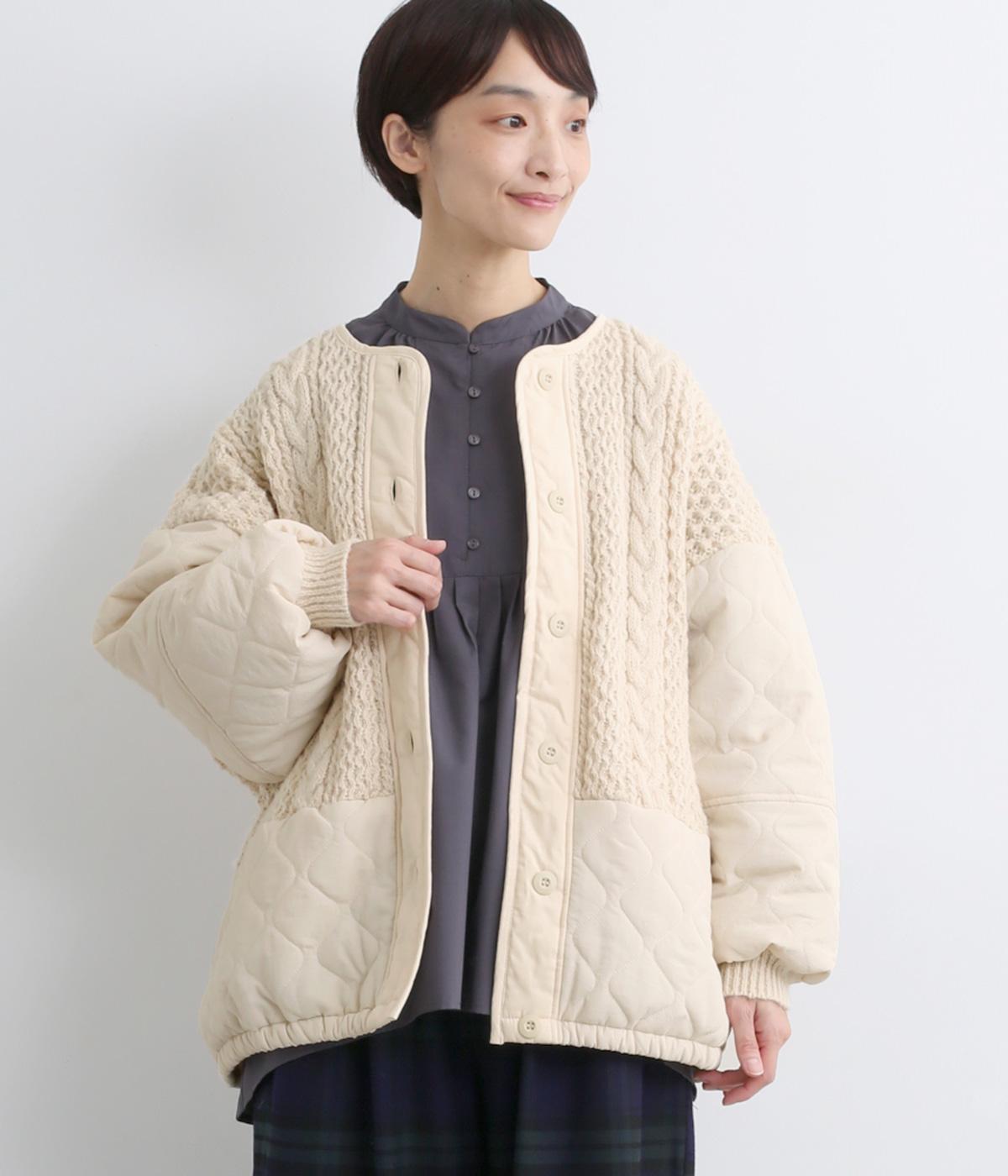 ノーカラー袖キルティングブルゾン(アイボリー-F)