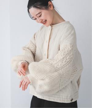 ノーカラークロップドキルティングニットブルゾン