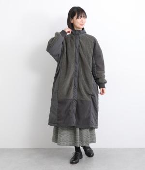 フリース×コーデュロイ×ナイロンハイネックロングコート(チャコール-F)