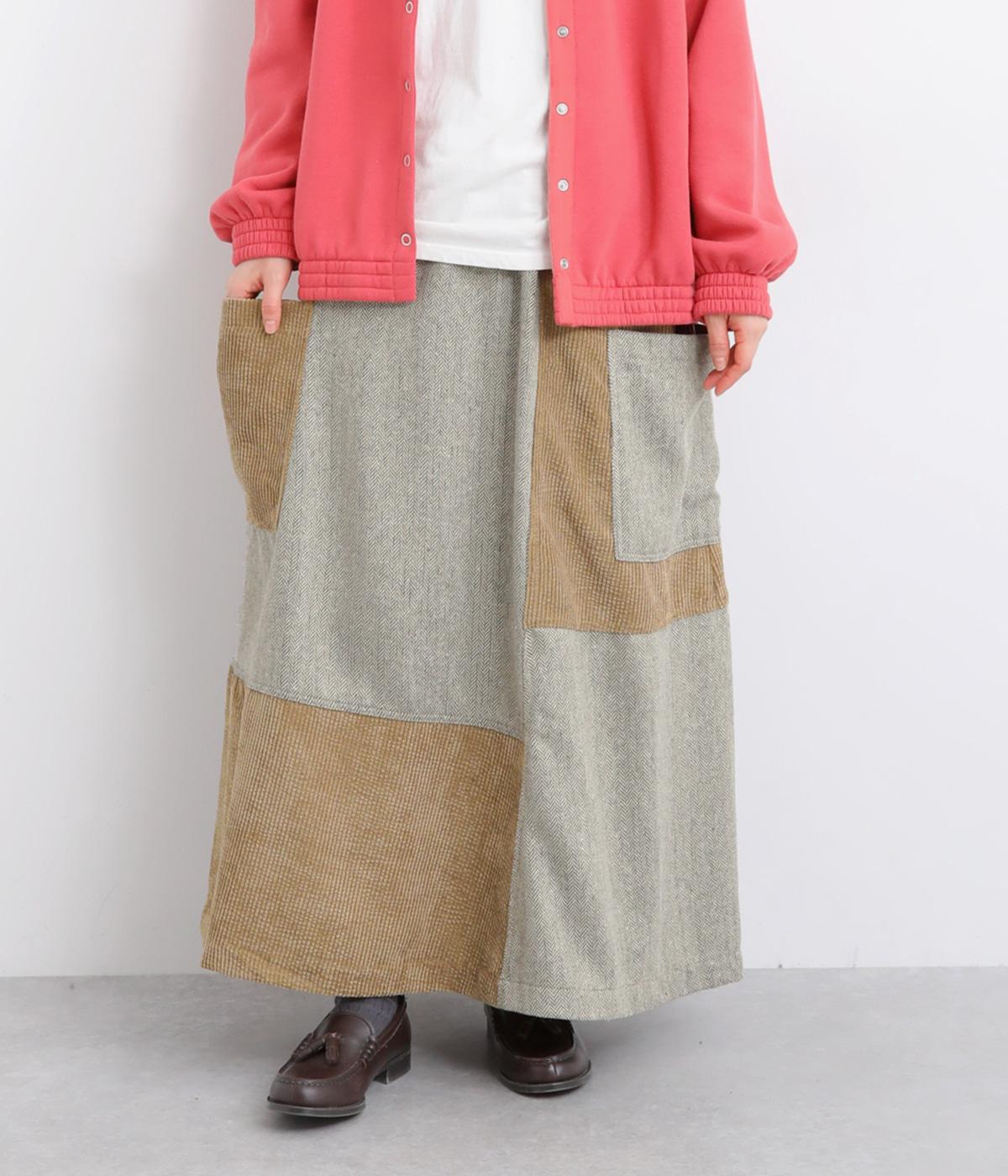 ヘリンボーンパッチワークフレアスカート(グレージュ-F)