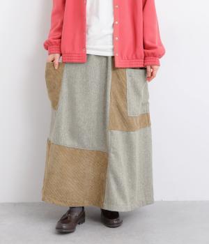 ヘリンボーンパッチワークフレアスカート(グレージュ-F)