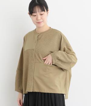 裏毛×リップル異素材ドッキングカーディガン(ベージュ-F)