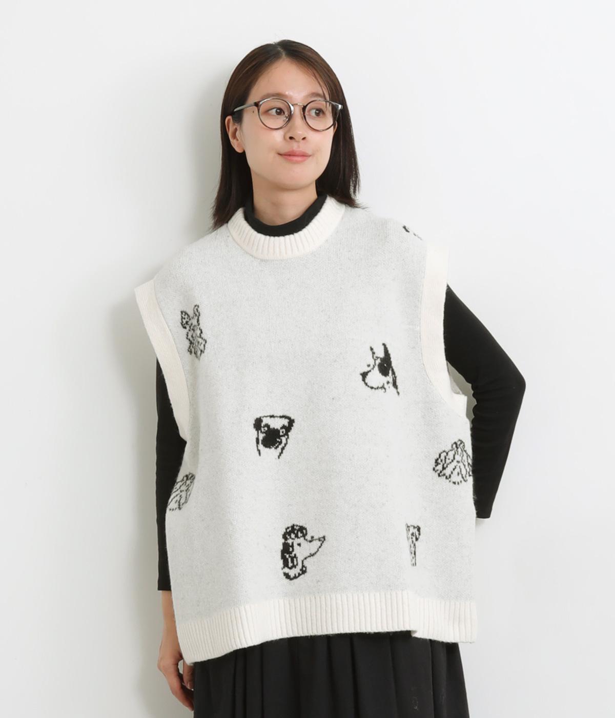 アニマルニット手描き風ワンちゃんベスト(オフホワイト-F)