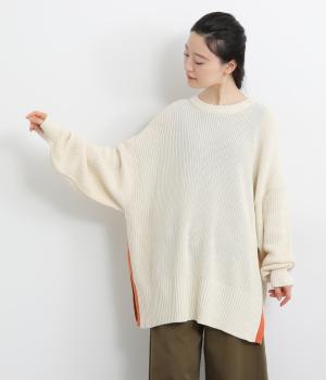畦編みニット配色スリット畦プルオーバー(アイボリー-F)
