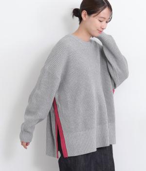 畦編みニット配色スリット畦プルオーバー(杢グレー-F)