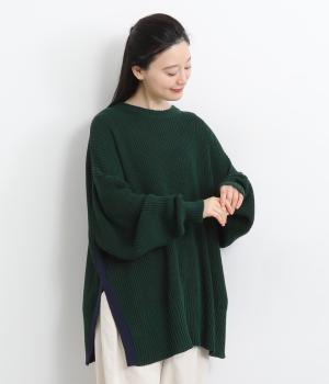 畦編みニット配色スリット畦プルオーバー(グリーン-F)