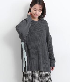 畦編みニット配色スリット畦プルオーバー(チャコール-F)