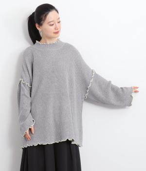 畦編みニット配色メロウ片畦ルーズプルオーバー(杢グレー-F)