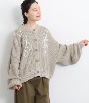 畦編みニットコード刺繍畦編みルーズカーディガン(グレージュ-F)