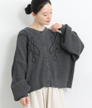 畦編みニットコード刺繍畦編みルーズカーディガン(チャコール-F)
