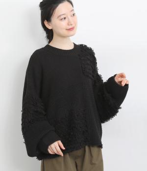 フリンジニットワイド短丈ループプルオーバー(ブラック-F)
