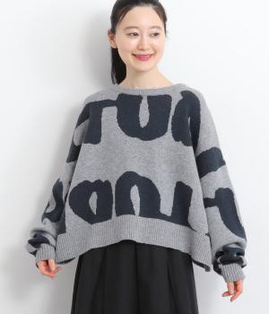 WフェイスジャカードニットBIGアートロゴプルオーバー(グレー-F)