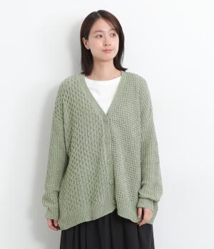 モールニット柄編み切り替えブークレカーディガン(ライトカーキ-F)