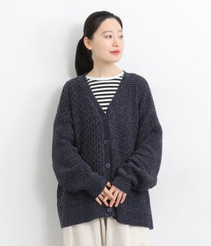 モールニット柄編み切り替えブークレカーディガン(ダークネイビー-F)