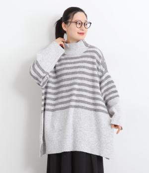 ヤクライクニット配色ボーダープルオーバー(杢グレー-F)