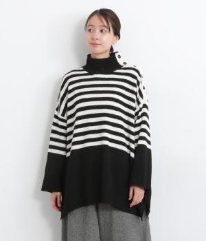 ヤクライクニット配色ボーダープルオーバー(ブラック-F)