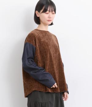 ケーブルカットソー袖ボタンプルオーバー(ブラウン-F)