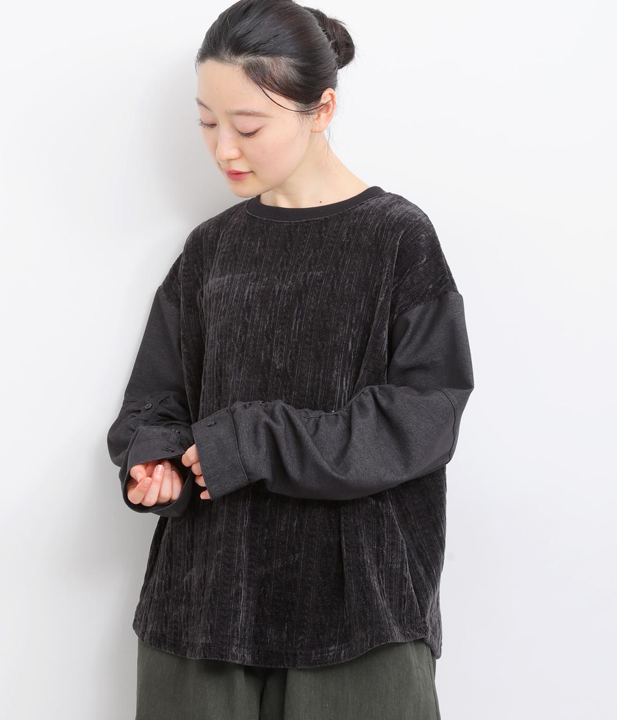 ケーブルカットソー袖ボタンプルオーバー(ブラック-F)