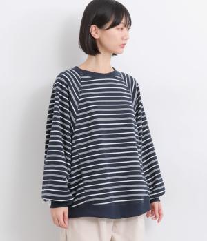 フリース×ボーダー天竺ラグランプルオーバー(ネイビー-F)
