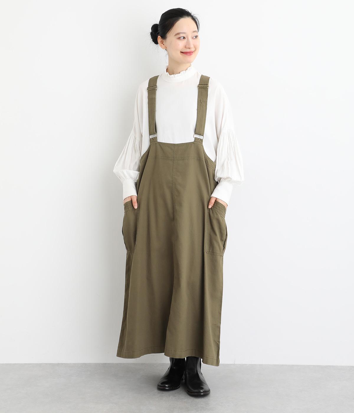 ヘリンボーンツイル製品染めバイオジャンパースカート(カーキ-F)