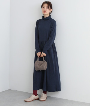 接結カットソータートルネックワンピース(ネイビー-M)