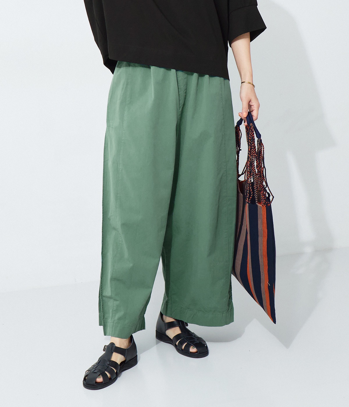 コットンツイルサイドボックスプリーツパンツ(グリーン-ONESIZE)