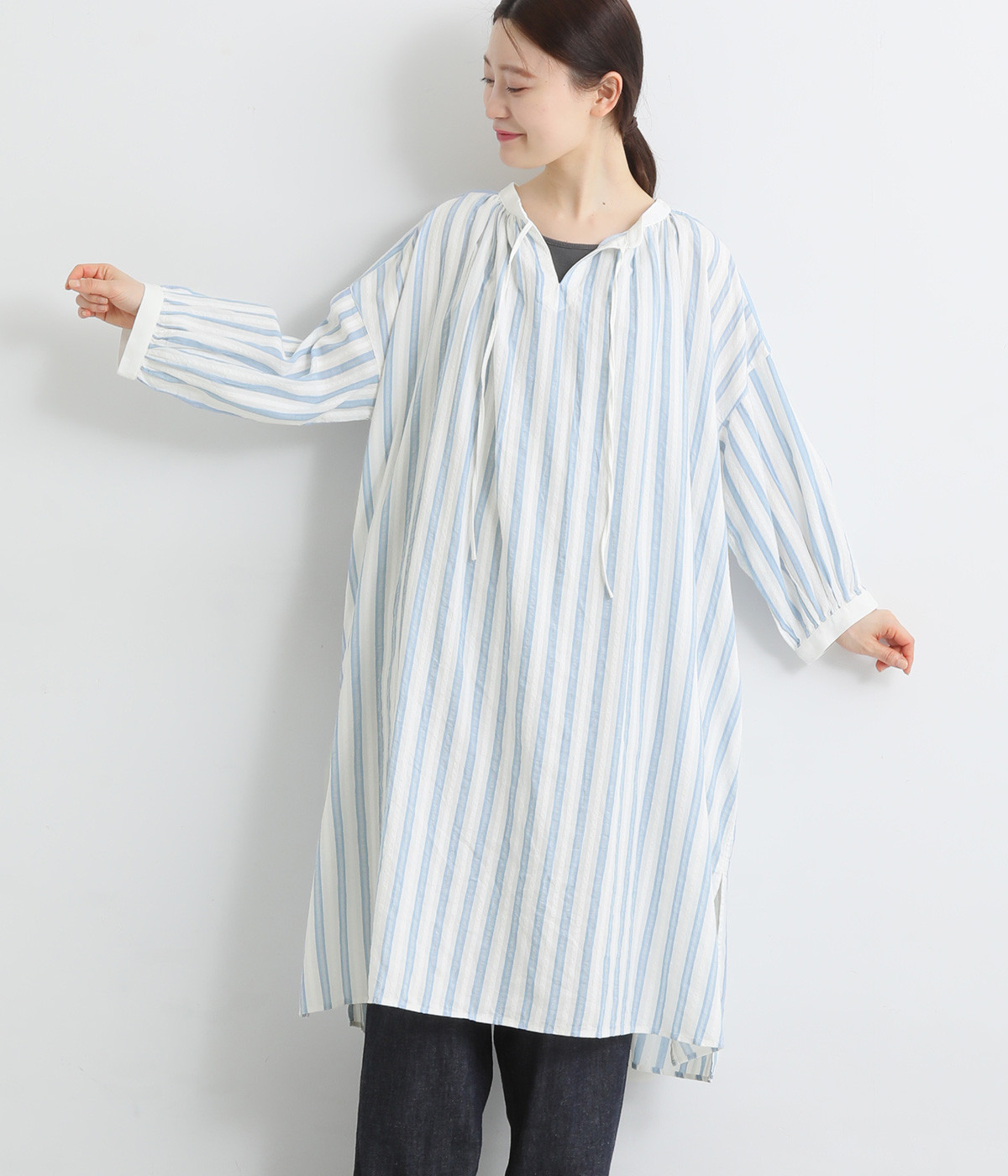 コットンドビーストライプスキッパーチュニック(ブルー-ONESIZE)