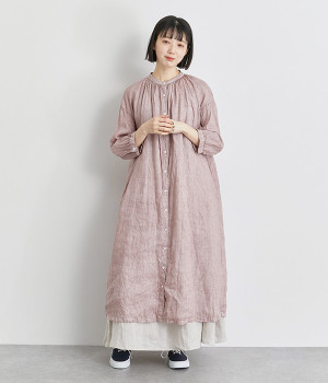 リネンベンガラ染めギャザーワンピース (パープル-ONESIZE)
