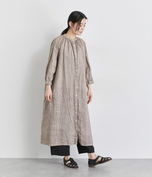 リネンベンガラ染めギャザーワンピース (チャコール-ONESIZE)