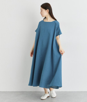 コットンリネンフレアワンピース(ブルー-ONESIZE)