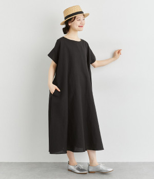 コットンリネンフレアワンピース(ブラック-ONESIZE)