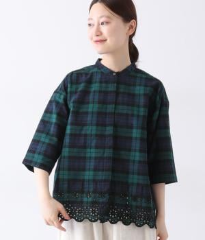 コットンスカラップ刺繍ブラウス(グリーン-ONESIZE)