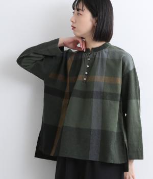 コットンリネンアムンゼンパネルチェックブラウス