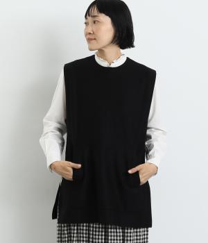 コットンリネンジャカードジャージベスト(ブラック-F)