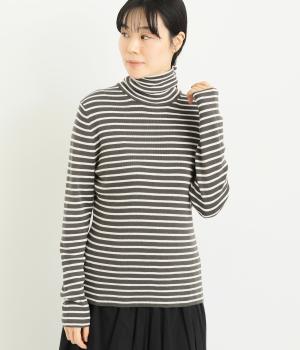 コットンウールニット　タートルネックプルオーバー(チャコールボーダー-F)