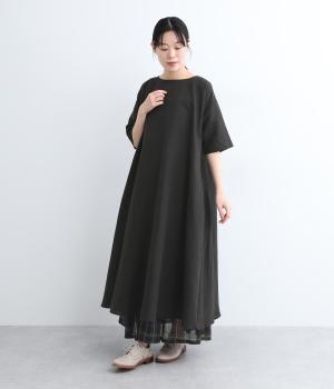コットンリネンハーフスリーブフレアワンピース(ブラック-ONESIZE)