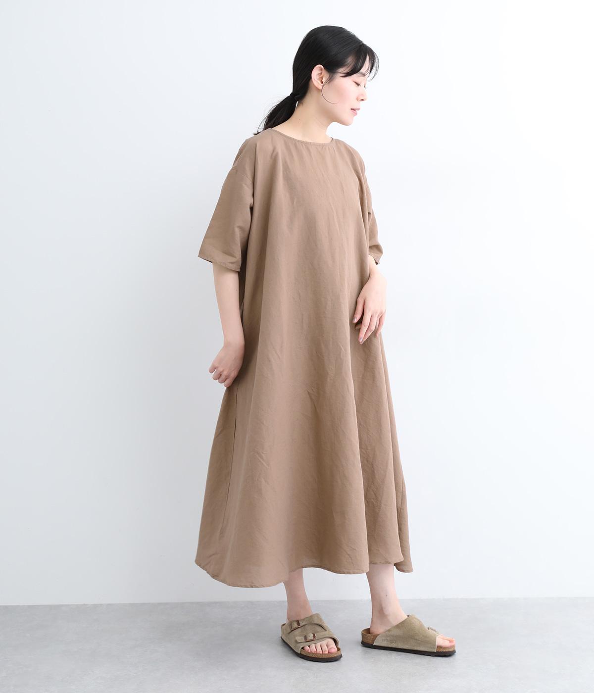 コットンリネンハーフスリーブフレアワンピース(ベージュ-ONESIZE)