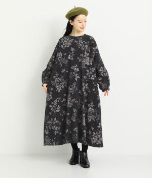 コットンコーデュロイ　フラワープリントワンピース(ブラック-F)