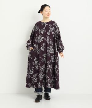 コットンコーデュロイ　フラワープリントワンピース(ボルド―-F)