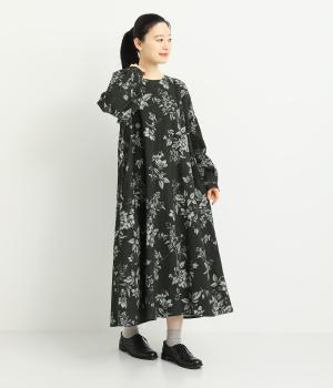 コットンコーデュロイ　フラワープリントワンピース(モスグリーン-F)