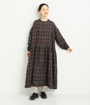 リネン　チェック起毛ギャザーワンピ―ス