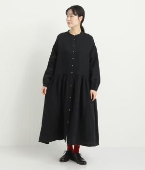 リネン　起毛ギャザーワンピース(ブラック-F)