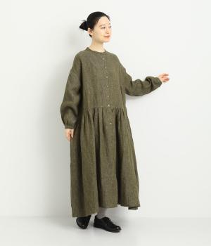 リネン　起毛ギャザーワンピース(モスグリーン-F)