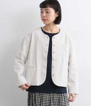 コットンリネン10OZデニムノーカラージャケット(ホワイト-F)