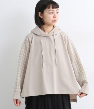コットンセルロースギンガムチェック切替フードプルオーバー