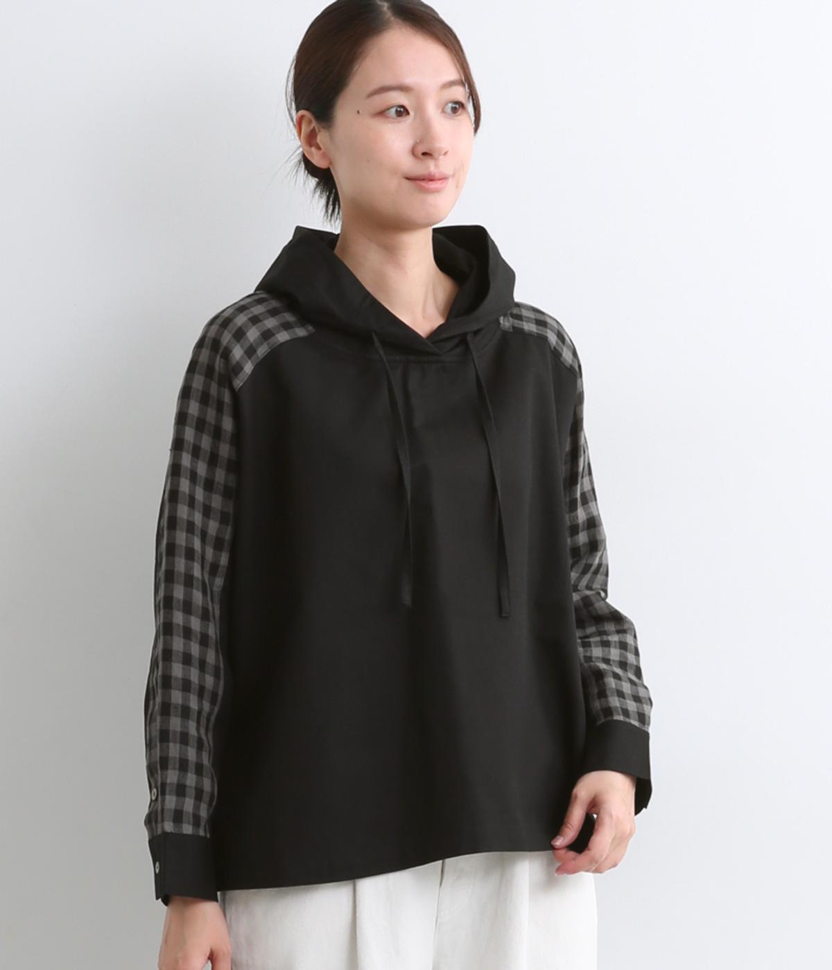 コットンセルロースギンガムチェック切替フードプルオーバー(ブラック-F)