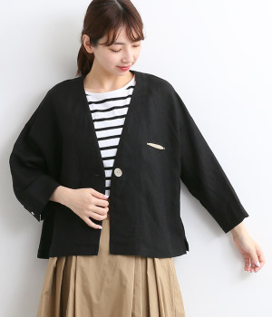 麻レーヨンショートジャケット(ブラック-ONESIZE)